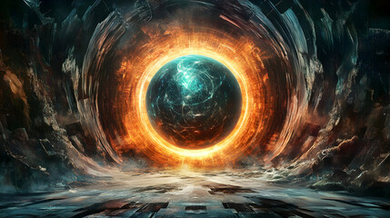 Naklejka premium view of a glowing orb radiating light waves in concentric patterns over a dark abstract void