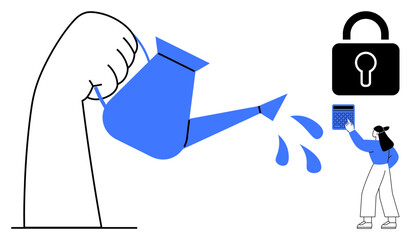 Large hand pours water from a blue watering can, symbolizing growth. A woman holds a calculator near a secure padlock, hinting at financial or data security. Ideal for finance, security, investment