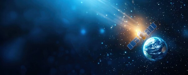 Obraz premium Satellite Orbiting Earth in Stunning Cosmic Landscape with Glowing Blue Atmosphere Solar Panels and Twinkling Stars in the Distance