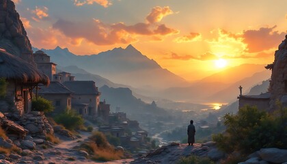 Fototapeta premium Sunset Serenity: A Monk Contemplates the Majestic Mountain Valley