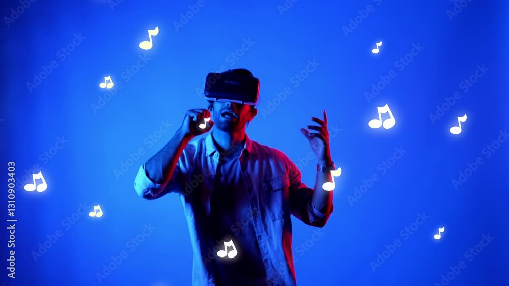 Poster happy dancer wearing vr glasses and moving to song with music note floating in the air. attractive m
