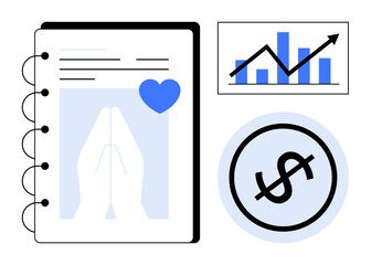 Obraz premium Notebook featuring praying hands and heart graphic, growth chart with arrow and bar graph, and dollar icon. Ideal for faith-driven finance, charity, budgeting, growth, spirituality, donations