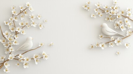 Elegant 3D Minimalist Lovebird Scene with Soft Floral Elements on Light Background