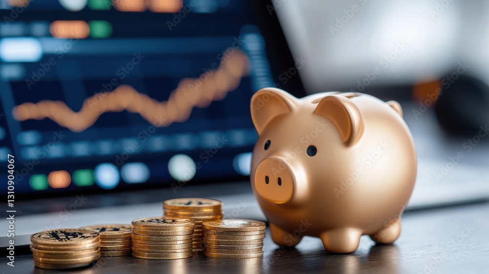 Poster piggy bank and stacks of coins displayed on computer desktop with analytical financial growth chart 