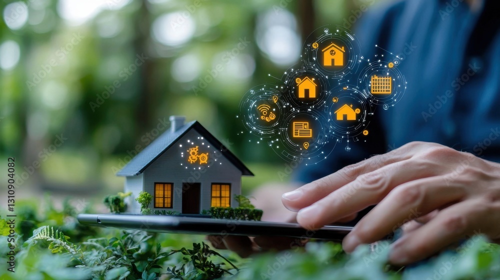 Aufkleber smart home automation concept with digital house icons and symbols displayed on tablet device in nat