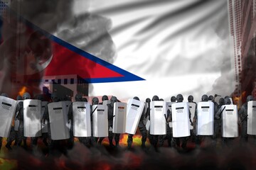 Nepal protest stopping concept, police officers on city street are protecting state against disorder - military 3D Illustration on flag background