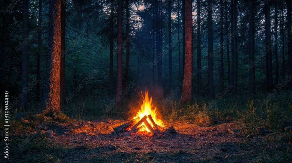 Poster Solitary campfire flickers in forest clearing at night with trees surrounding and space for text on left side Generative AI