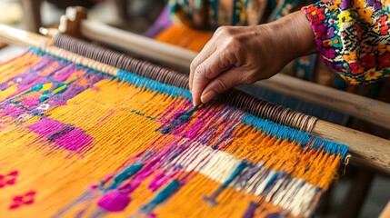 Obraz premium Weaving Threads of Tradition: A craftsman's hand delicately maneuvers the shuttle through the vibrant warp and weft, crafting a tapestry of culture and skill.