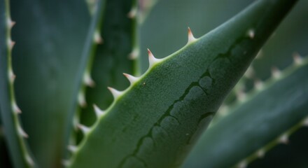 Closeup View of Aloe Vera Plant Leaf with Thorns and Water Droplets