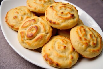 Golden Brown Savory Pastries Displayed on a White Plate, Freshly Baked, Perfect for Snacks or Meals, Ideal for Any Gathering or Celebration