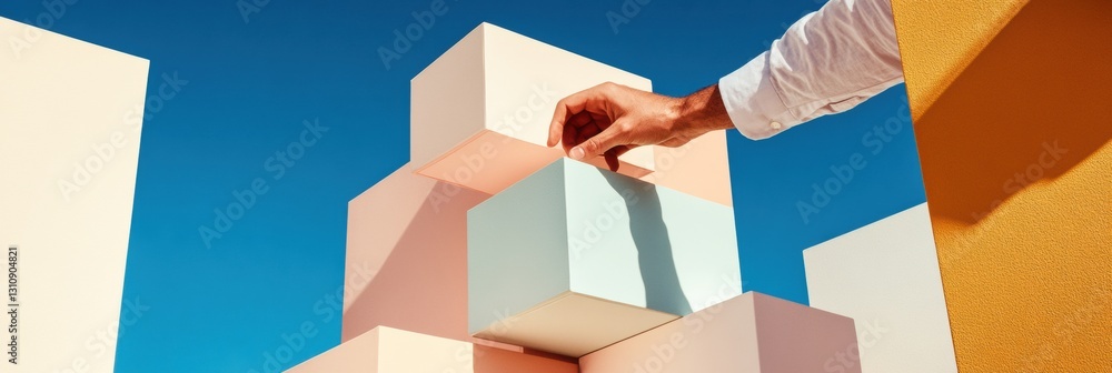 Leinwandbilder Minimalist Strategy Vision Geometric Problem-Solving Narrative with Dynamic Hand Interaction - Collaborative Innovation in Modular Design Ecosystem