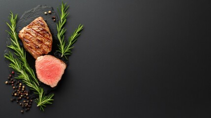 Culinary Minimalism Perfectly Seared Medium-Rare Artisan Beef Showcasing Gourmet Precision and Modern Gastronomy Styling on Dark Stone Backdrop