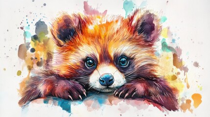Adorable red panda painted in watercolor with bright colors and details