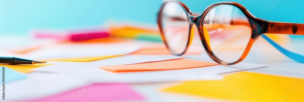 Aufkleber minimalist workspace essentials retro eyewear on vibrant color block surface - creative professional