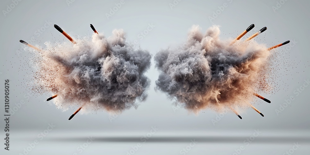 Aufkleber dramatic explosion of smoke and debris with scattered projectiles in a minimalist setting