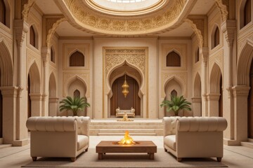 Luxurious and Serene Interior of a Modern Moroccan-Inspired Living Space with Elegant Sofas, Ornate Architecture, and Cozy Fireplace