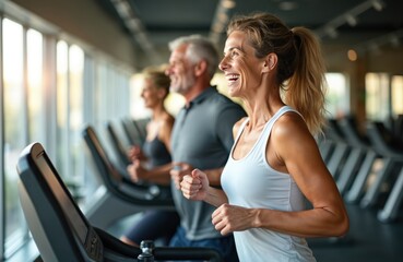 Middle age people run on treadmills in modern gym. Mature fit couple, friends together do cardio workout and burning calories. Happy sporty lifestyle. Health care on fitness machine indoors.