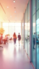 Blurred office interior with walking people. Defocused business center hall with glass wall. Modern company background with bokeh effect. Workspace and office interior design with coworking space.