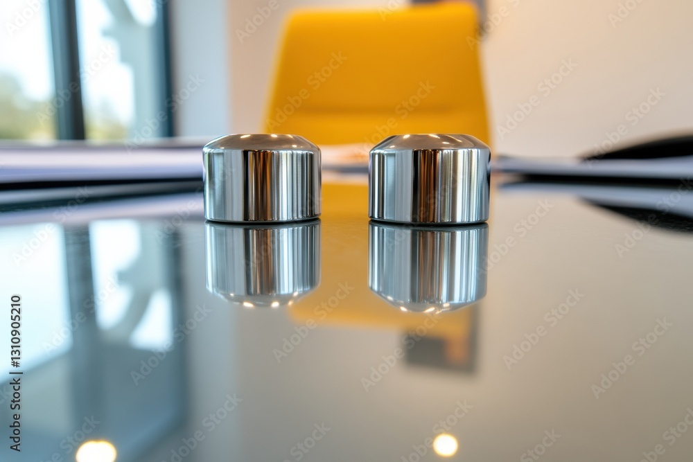 Poster minimalist metallic design reflective chrome cylinders in contemporary workspace - innovative surfac