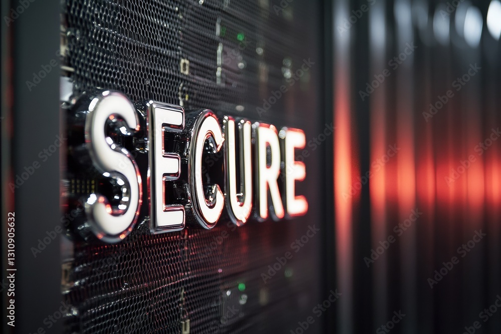 Poster cybersecurity innovation chrome padlock typography in sleek datacenter - cutting-edge digital protec