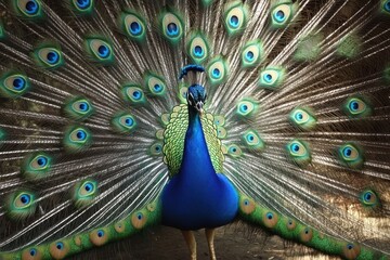 Naklejka premium Peacock displaying its magnificent tail feathers in a lush garden vibrant colors nature photography close-up view captivating wildlife concept