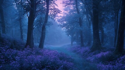Enchanting Misty Forest with Purple Flowers at Dusk in Tranquil Nature Scene
