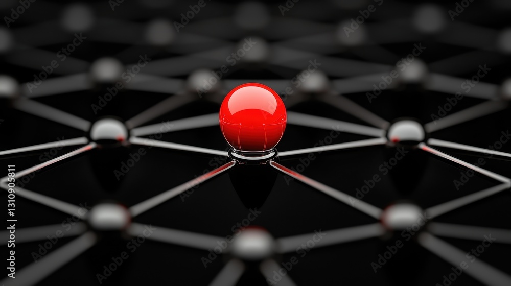 Poster Single Red Sphere on Network Grid Background with Reflections