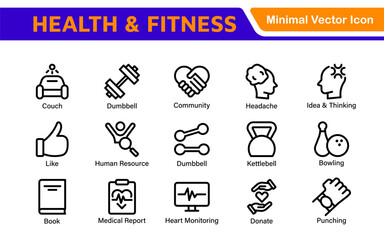 Health and Fitness Icon Set. Vector Icons for Exercise, Wellness, Nutrition, Gym, Yoga, and Healthy Lifestyle