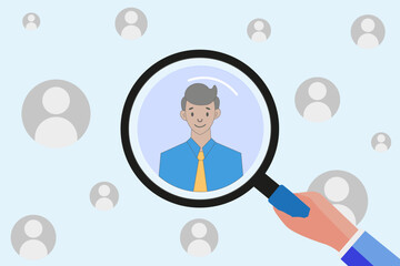 Searching Best Candidate Cocept. Representing of Choosing Best Employee in Company. Best Candidate for the Job. HR uses a magnifying glass to choose job interview people. Flat Vector Design
