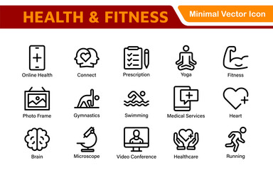 Health and Fitness Icon Set. Vector Icons for Exercise, Wellness, Nutrition, Gym, Yoga, and Healthy Lifestyle