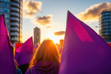 Empowered Horizons Urban Feminist Activism Meets Sunset Solidarity - Gen Z Womens Transformative Global Movement in Vibrant Purple Panorama