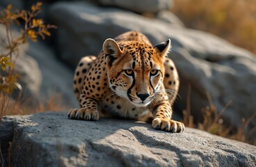 Obraz premium Cheetah crouches on rock, ready to hunt. African wild cat resting in nature. Spotted fur predator portrait. Safari animal prepares for attack, watches prey. Feline with intense gaze, sharp claws,