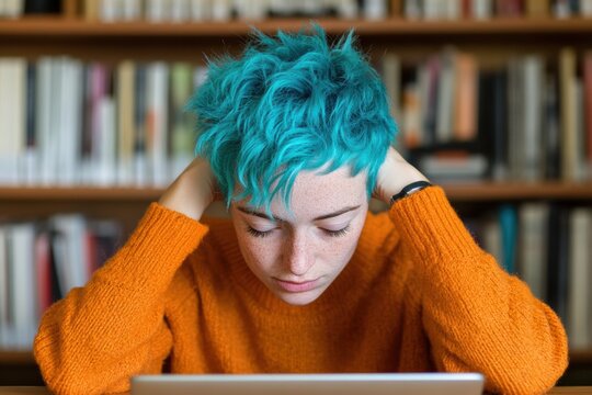 Gen Z Digital Wellness Vibrant Non-Binary Youth Embracing Academic Focus with Mindful Tech Integration - Inclusive Education and Mental Health Representation