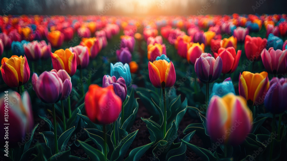 Poster aerial view of a colorful tulip field in full bloom showcasing a vibrant display of flowers across t