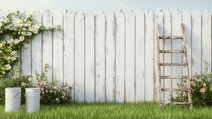 Rustic White Fence with Flowering Plants and Wooden Ladder