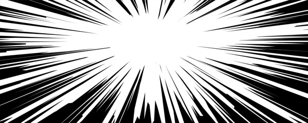 Obraz premium Black and white illustration depicting dynamic speed and motion lines spreading outwards from the center. This graphic style is typical in comic and manga art to represent rapid movement or action.