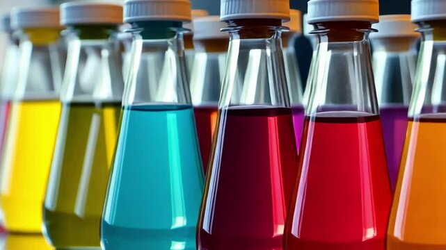 Colorful liquids in glass bottles displayed on a wooden table at an artful market in the early afternoon