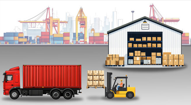 Logistics and transportation concept showing cargo truck, forklift, and warehouse with shipping containers at an industrial port