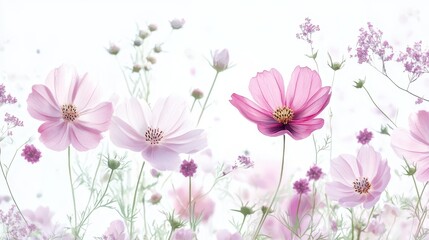 Fototapeta premium Watercolor Illustration set of Pink cosmos flowers on a white background,spring summer nature,Vibrant pink cosmos blooming,Children's card,banner,raindrops drawn by hand.