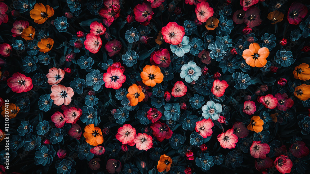 Poster Aerial view of a vibrant tulip farm displaying a breathtaking array of colorful flowers in full bloom