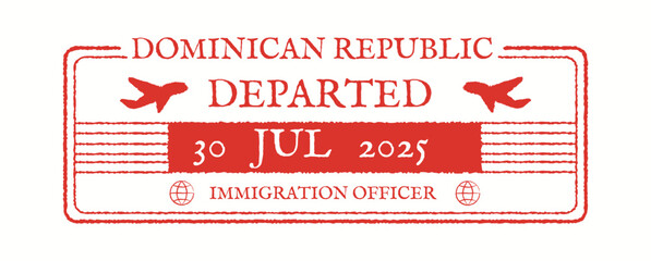 Red and white passport stamp indicating departure from Dominican Republic on 30 July 2025. Includes graphics of airplanes and text related to immigration.