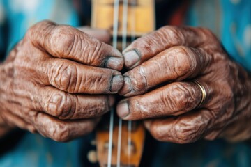 Fototapeta premium Authentic Cultural Heritage Weathered Hands of Wisdom - Generational Musical Legacy in 8K Artisan Storytelling for Immersive Ethnographic Content