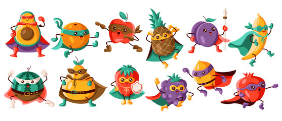 Obraz premium A colorful collection of various fruit superheroes, each with unique costumes, masks, and capes. These fun and energetic characters bring excitement and creativity to healthy food concepts.