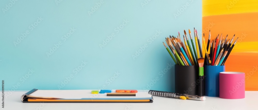Aufkleber minimalist creative workspace vibrant digital design studio setup with color-coded productivity tool