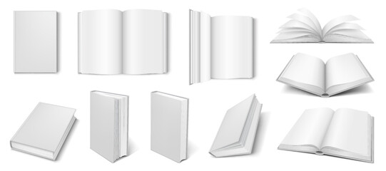 Realistic 3D mockup of blank books with various angles and perspectives, perfect for showcasing book designs.