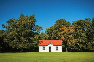 Small white house with red roof, surrounded by lush green trees under a clear blue sky. Ideal for real estate, tranquility, or rural living themes.