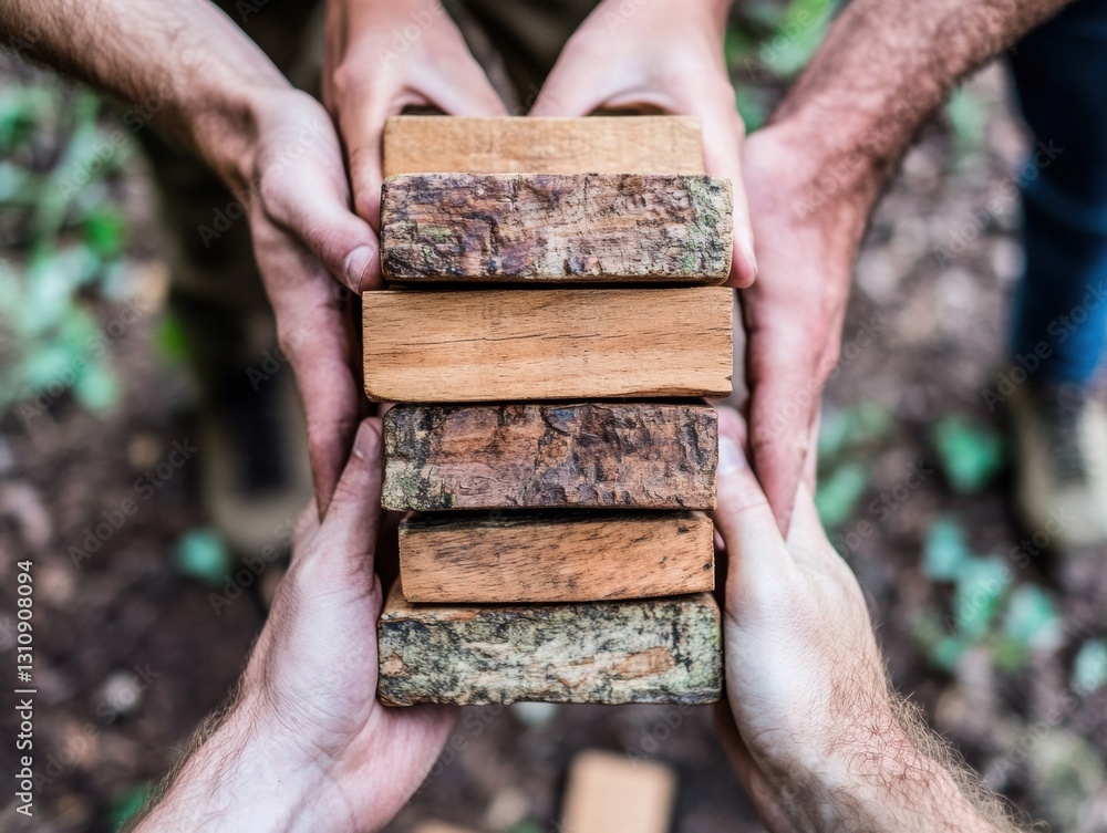 Aufkleber hybrid workforce collaboration tactile team-building with eco-conscious wooden blocks - innovative l