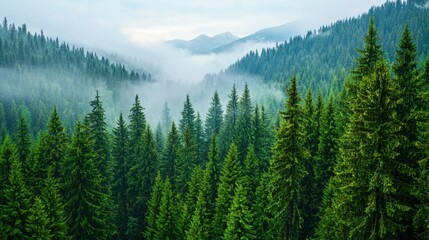 Lush green forest with misty mountain backdrop.