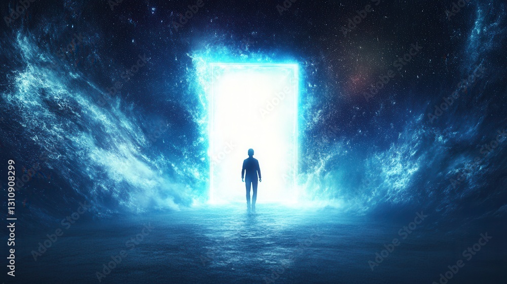 Poster standing before a giant glowing portal with a magical atmosphere in a dynamic composition at twiligh