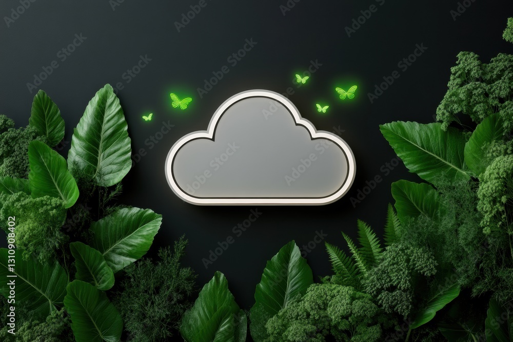 Poster eco-innovative cloud security verdant digital sanctuary with bioluminescent fireflies - sustainable 